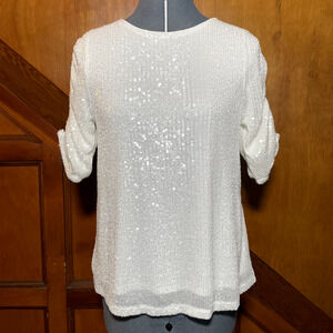 Cable & Gauge White Sequence 1/2 Sleeve Blouse, Glam/Chic/Feminine, Sz M, NWT